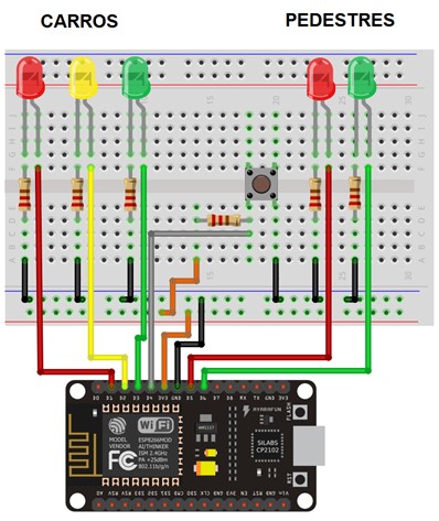 Circuito para projeto semáforo interativo com NODEMCU ESP8266.