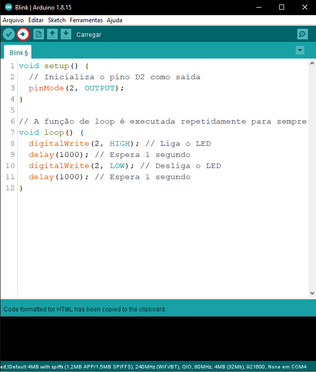 Realizando upload do código Blink para a placa ESP32-DevKit V1 no Arduino IDE.