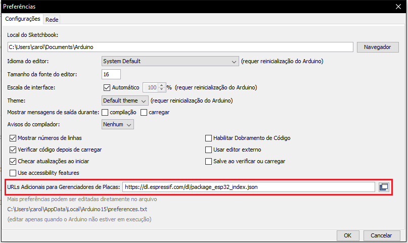 Atualização do gerenciador de placas no Arduino IDE para programar o ESP32.