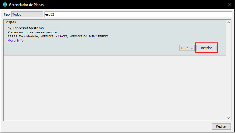 Instalando o ESP32 no Gerenciador de Placas do Arduino IDE.