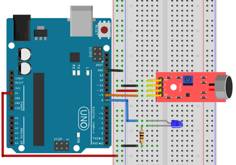A imagem mostrar uma ilustração de circuito do projeto para acender uma led batendo palma utilizando o sensor KY-037