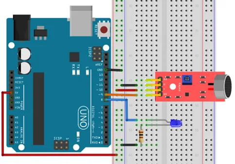 A imagem mostrar uma ilustração de circuito do projeto para acender uma led batendo palma utilizando o sensor KY-037