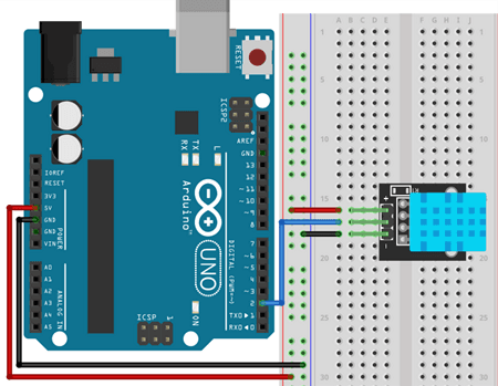 A imagem mostra a ilustração de um circuito usando o sensor DHT11 utilizando o Arduino