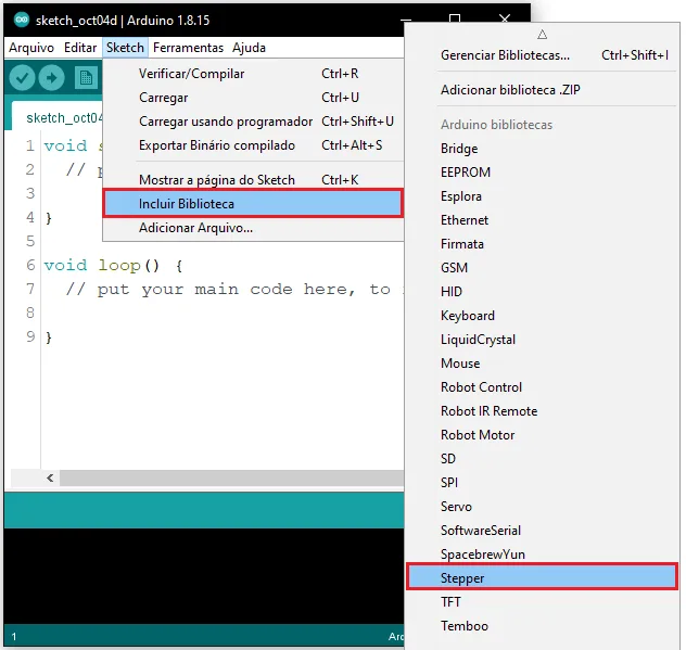 A imagem mostra um print retirado do softaware Arduino IDE e que busca mostar a inclusao da biblioteca steeper