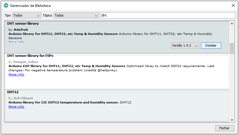 A imagem tem o objetivo de mostrar a instalação da biblioteca DHT sensor library no arduino IDE