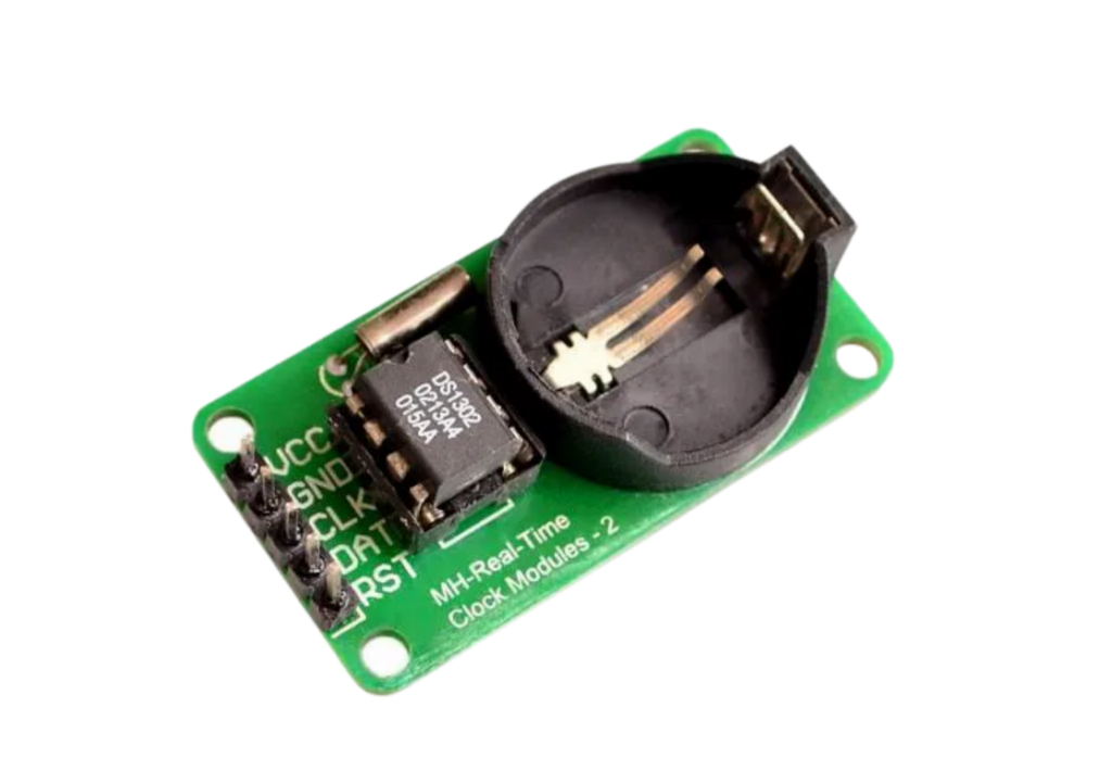 A imagem mostra uma foto de um moto relólogio real time RTC DS1302 em formato físico