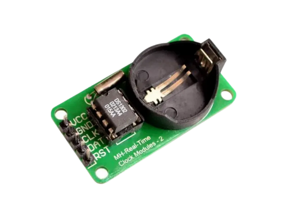 A imagem mostra uma foto de um moto relólogio real time RTC DS1302 em formato físico