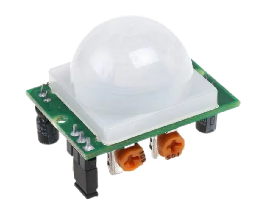 A imagem tem a finalidade de mostrar um sensor de presença de movimento HC-SR501 em sua forma real e física