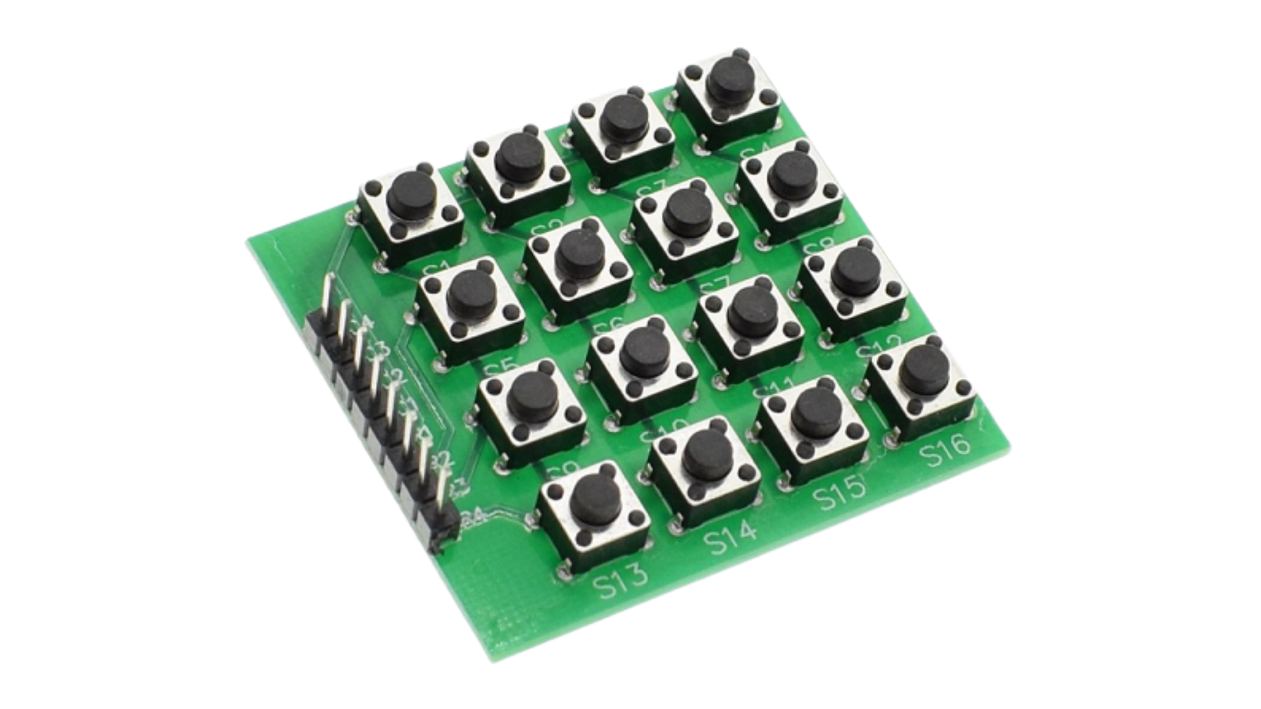 A imagem mostra uma foto de maneira real de um teclado matricial 4x4 keypad