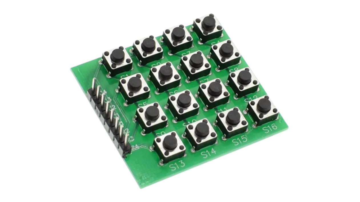 A imagem mostra uma foto de maneira real de um teclado matricial 4x4 keypad