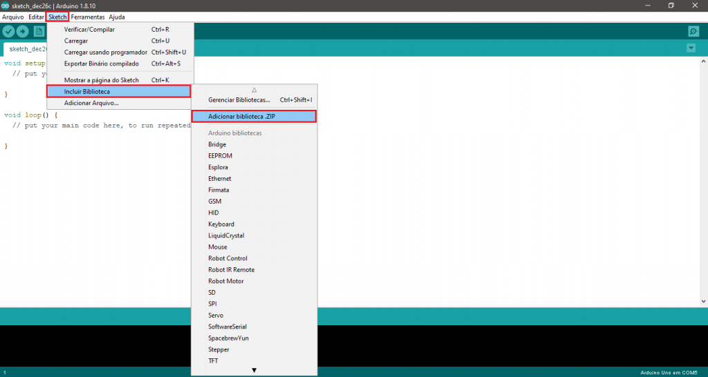 A imagem ilustra como se faz para incluir biblioteca na arduino IDE