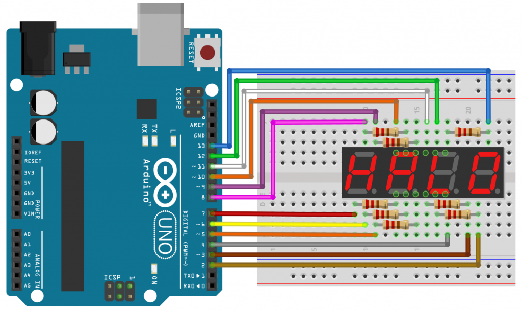 A imagem ilustra um circuito para exibir números e pontos em um display de 7 segmentos com 4 digitos catodo comum