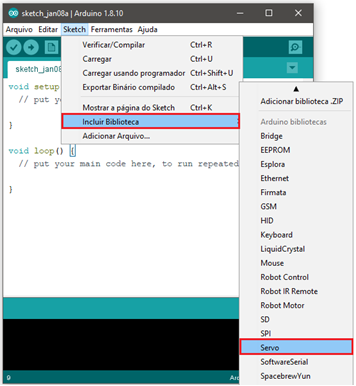 Print de como encontrar a biblioteca servo no arduino IDE