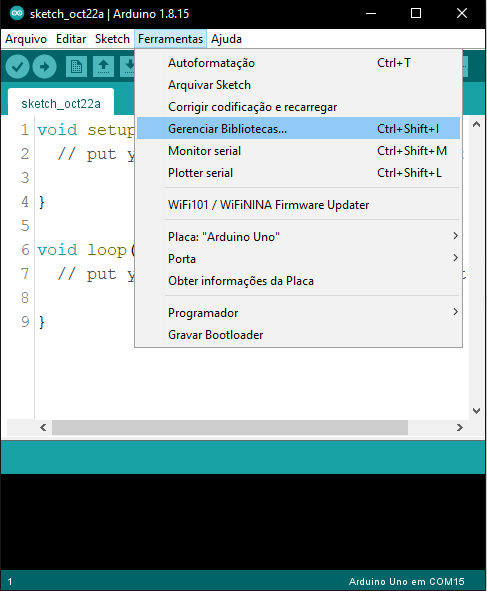 A imagem mostra como abrir a pagina de bibliotecas do arduino IDE