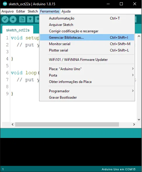 A imagem mostra como abrir a pagina de bibliotecas do arduino IDE