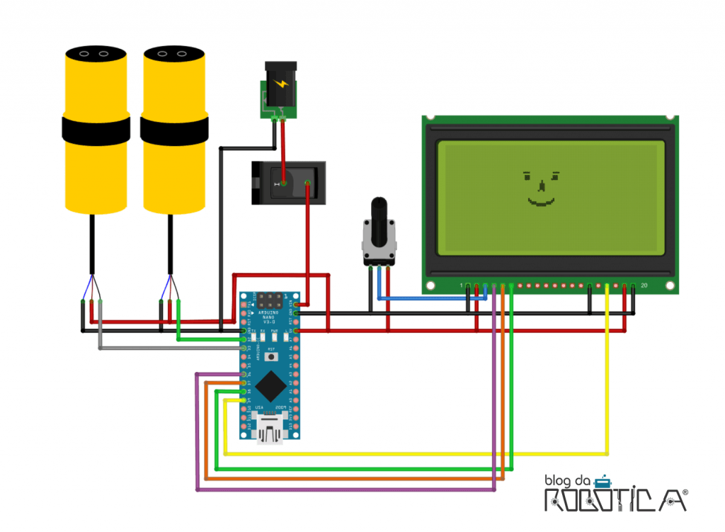 A imagem ilustra o circuito envolvendo o contador. Nela são ilustradas as ligações do Arduino Nano, o sensor reflexivo e o display gráfico lcd.