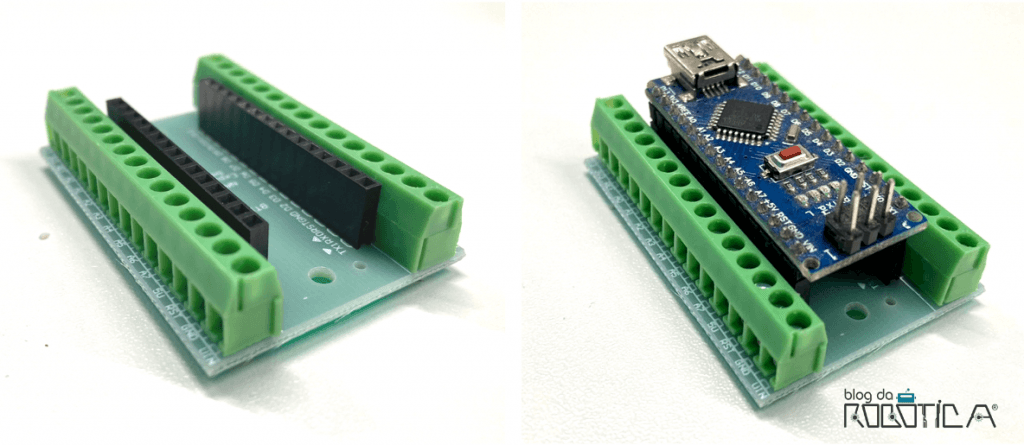 A Figura mostra uma foto tirada da placa borne conectada a placa Arduino nano.