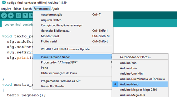 A imagem mostra o ajuste de configuração para selecionar que será utilizada a placa Arduino Nano no Arduino IDE.