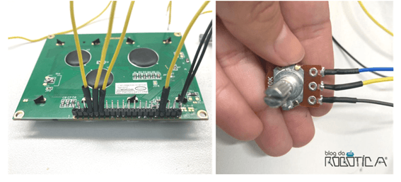 A figura mostra uma foto retirada da parte de trás do display LCD e do potenciometro, que será utilizado para ajustar o brilho da tela.