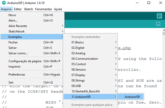 A imagem mostra uma captura de tela na arduino IDE, especificando o local onde o exemplo que será utilizado se encontra.