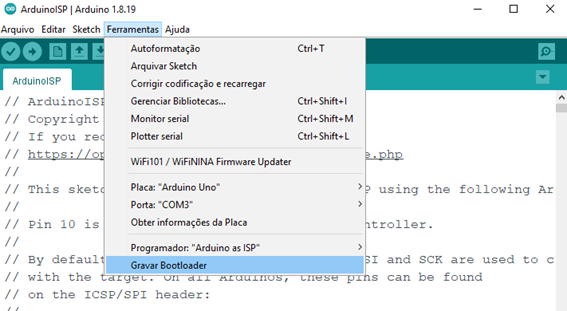 A imagem mostra uma captura de tela da Arduino IDE, sinalizando onde se deve clicar para que se tenha a gravação de bootloader
