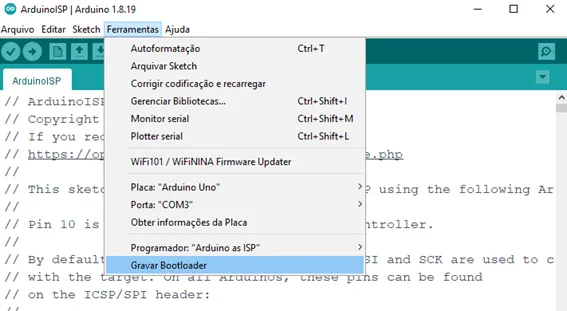 A imagem mostra uma captura de tela da Arduino IDE, sinalizando onde se deve clicar para que se tenha a gravação de bootloader
