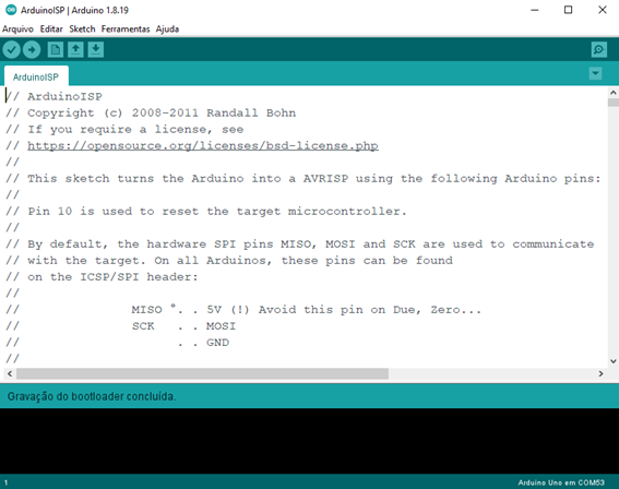 A figura mostra uma captura de tela que sinalizar que a gravação de bootloader ocorreu com sucesso