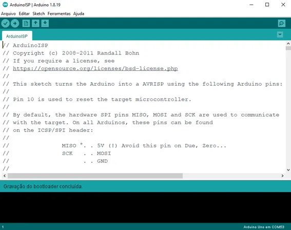 A figura mostra uma captura de tela que sinalizar que a gravação de bootloader ocorreu com sucesso