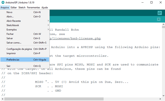 A imagem mostra uma captura de tela do caminho que deve ser seguido para acessar as preferências na Arduino IDE.