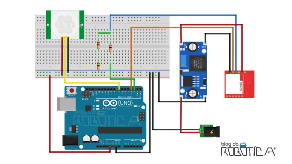 A figura mostra o circuito de funcionamento do sensor GSM sim 800l com o sensor pir, para envio de sms quando for detectado a presença de uma pessoa no ambiente.