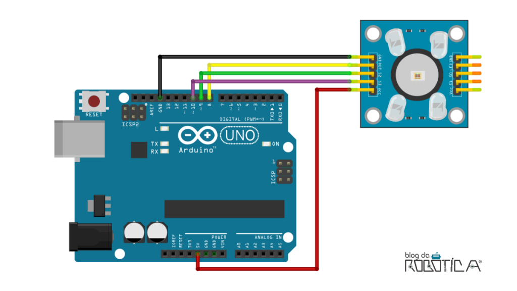 A figura mostra o circuito de ligação entre o arduino e o módulo sensor de cor TCS3200, para que assim o mesmo funcione