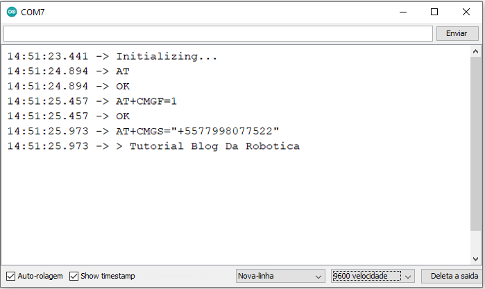 A figura mostrar uma captura de tela retirada da Arduino IDE mostrando o módulo Sim800l funcionando com sucesso