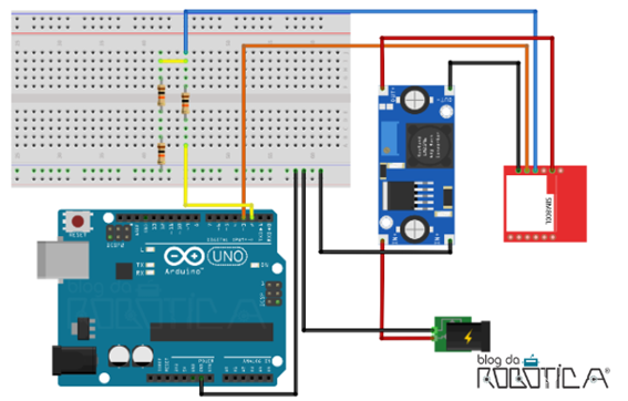 A imagem mostra um circuito esquemático de ligação feito no software fritizing para o projeto utilizando o módulo GSM GPRS SIM800L