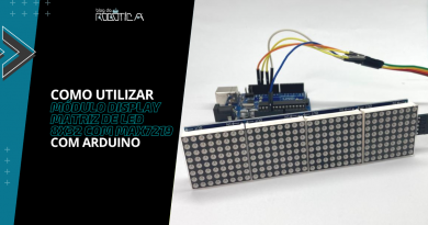 Imagem demonstrando o módulo display matriz de LED 8 x 32 com MAX7219 e Arduino.
