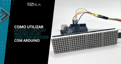 Imagem demonstrando o módulo display matriz de LED 8 x 32 com MAX7219 e Arduino.