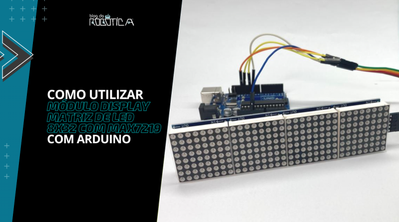 Imagem demonstrando o módulo display matriz de LED 8 x 32 com MAX7219 e Arduino.