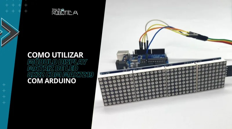 Imagem demonstrando o módulo display matriz de LED 8 x 32 com MAX7219 e Arduino.
