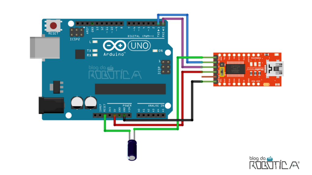 Circuito para programação da placa Arduino UNO usando o módulo FTDI.