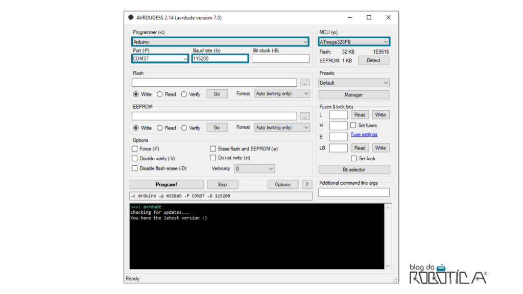 Configurações iniciais do Arduino a ser clonado por meio do software AVRDUDESS.