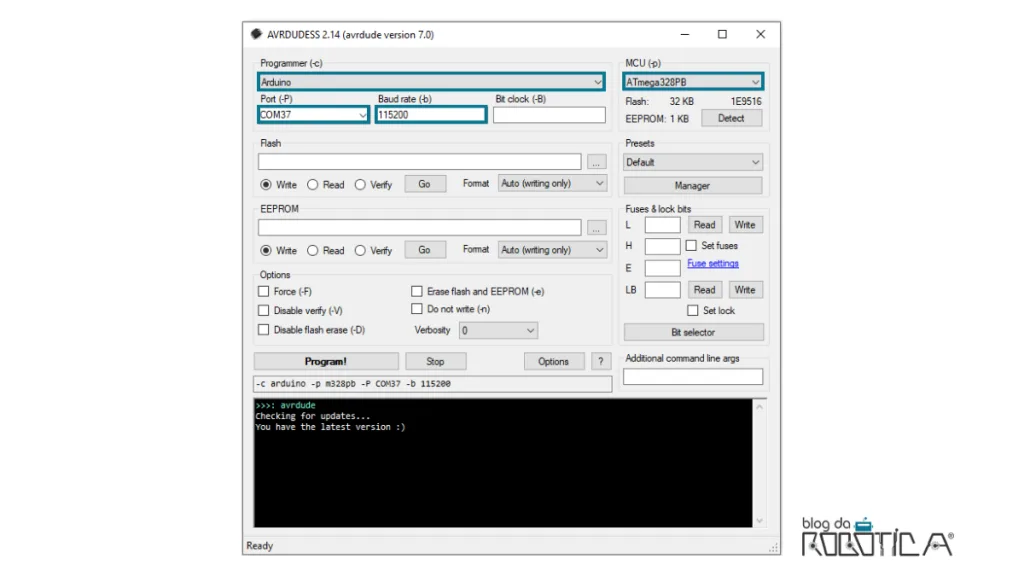 Configurações iniciais do Arduino a ser clonado por meio do software AVRDUDESS.