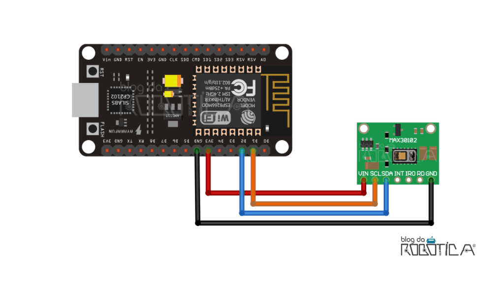 Imagem ilustrativa do circuito para utilização do sensor de frequência cardíaca e oxímetro MAX30100 com a placa NODEMCU ESP8266 Amica.