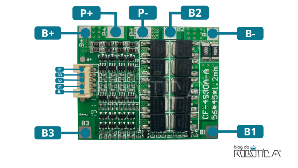 Imagem ilustrativa dos pinos do módulo carregador de bateria de lítio BMS 4S.
