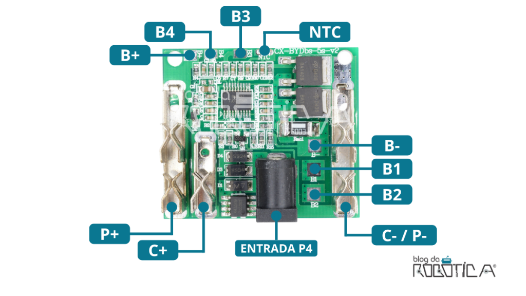 Imagem ilustrativa dos pinos do módulo carregador de bateria de lítio BMS 5S.