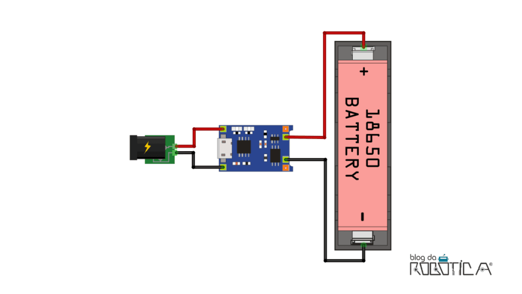 Imagens ilustrativas do circuito de ligação para carregamento de bateria usando o módulo carregador de lítio 1S TP4056.
