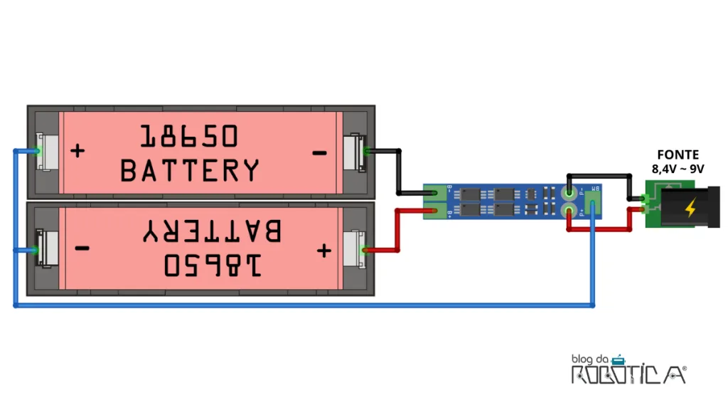 Imagem ilustrativa do circuito de ligação para carregamento de duas baterias usando o módulo carregador de bateria de lítio 2S.