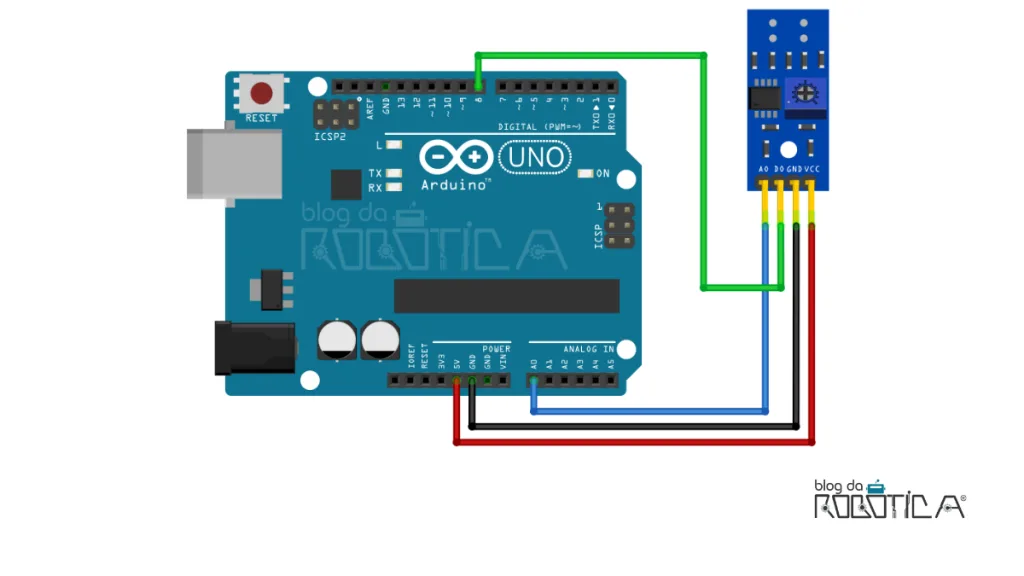 Imagem ilustrativa do circuito para utilização do sensor de linha segue faixa TCRT5000 com o Arduino.
