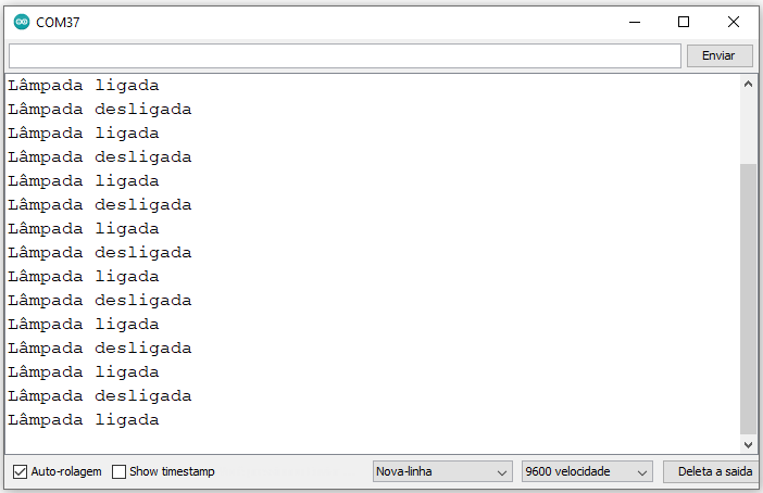 Imagem ilustrativa do status de acionamento da lâmpada no monitor serial.