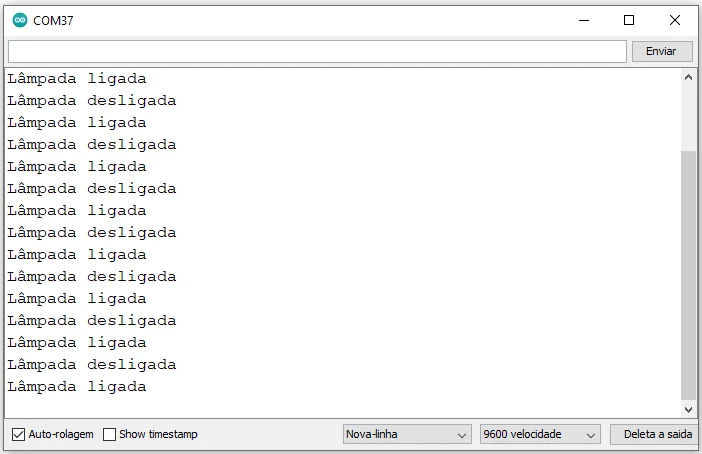 Imagem ilustrativa do status de acionamento da lâmpada no monitor serial.
