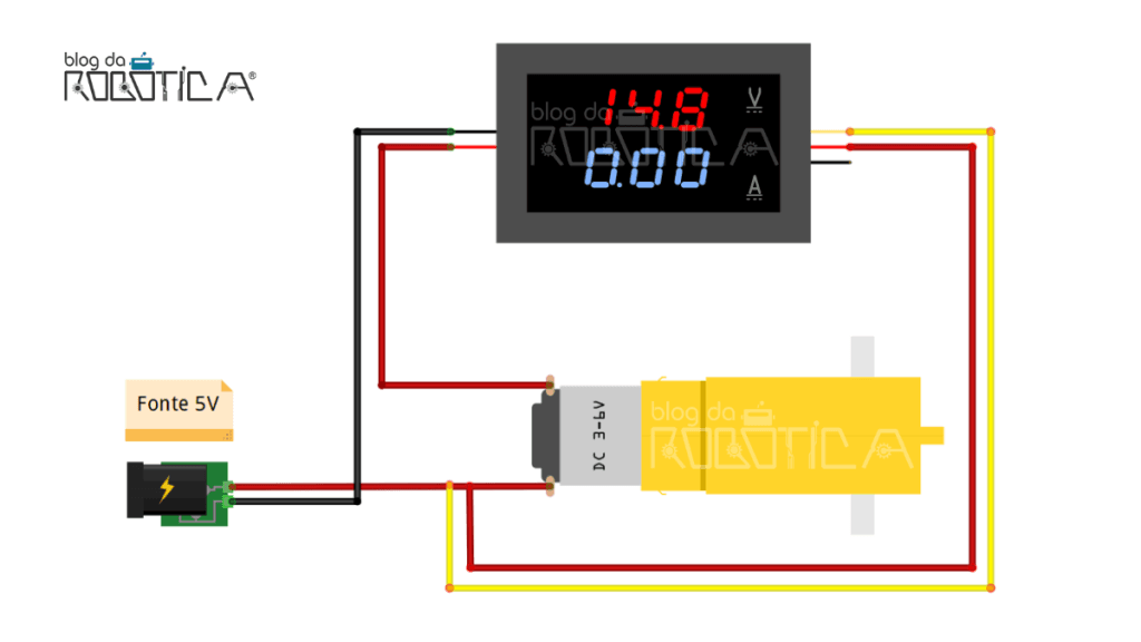 Imagem ilustrativa do circuito para medição da correte e tensão de motor DC usando o amperímetro e voltímetro DC com display LED.