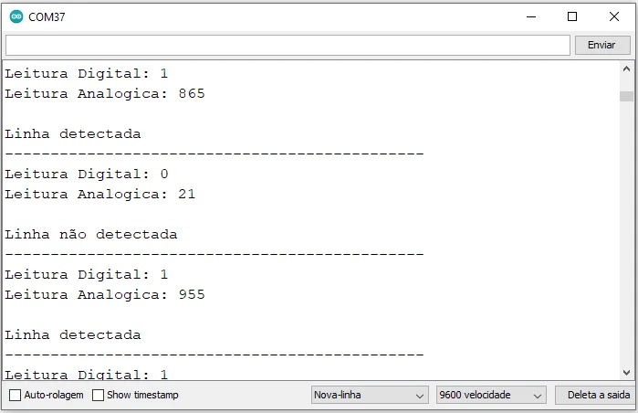 Imagem ilustrativa do Monitor serial exibindo leituras e detecções do sensor de linha TCRT5000